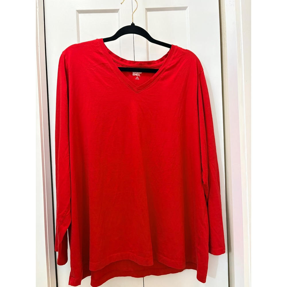 Lands End Womens 2X Red Long Sleeve V-Neck Cotton T-Shirt Plus Size 20W-22W